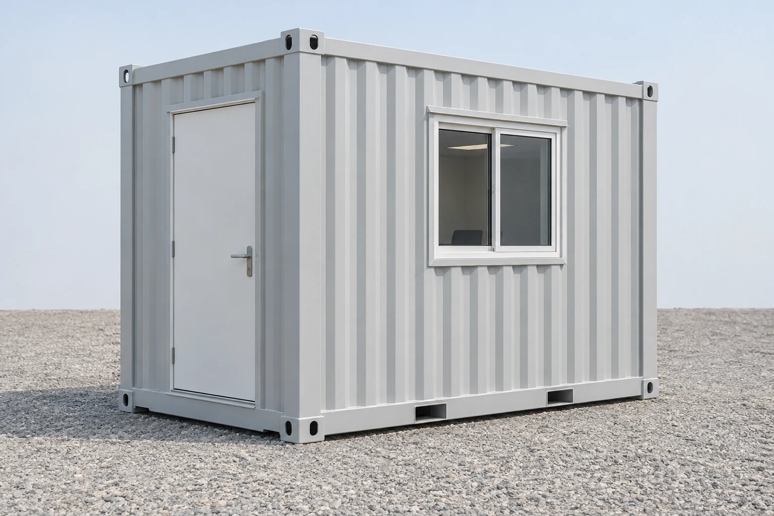 Illustrative exterior of a compact 10ft container office with a personnel door and one window.