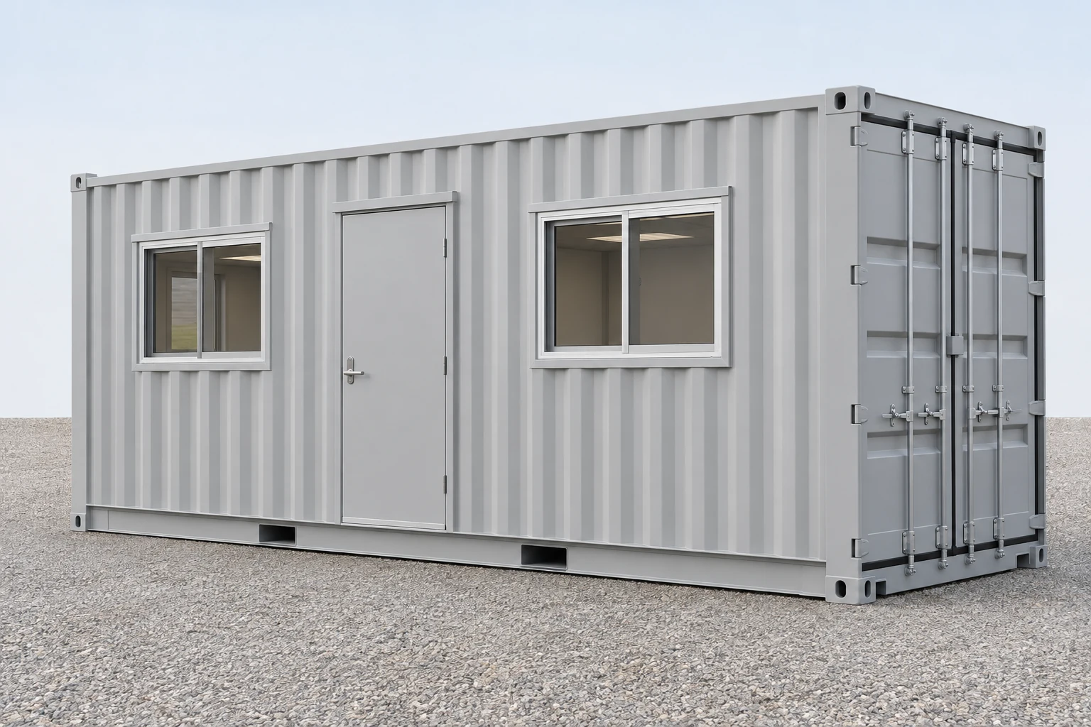 Illustrative exterior concept of a gray 20ft shipping container office with two windows, a personnel door and end cargo doors.