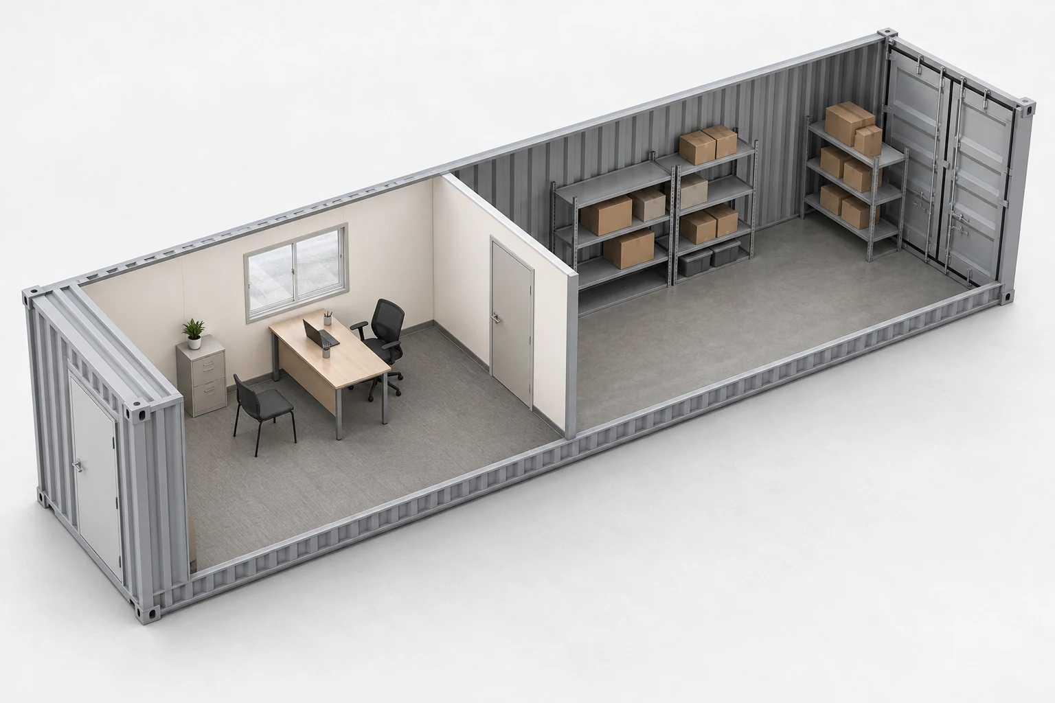 Illustrative cutaway of a 40ft container concept with a furnished office separated by a partition from a storage area with shelving and end cargo doors.