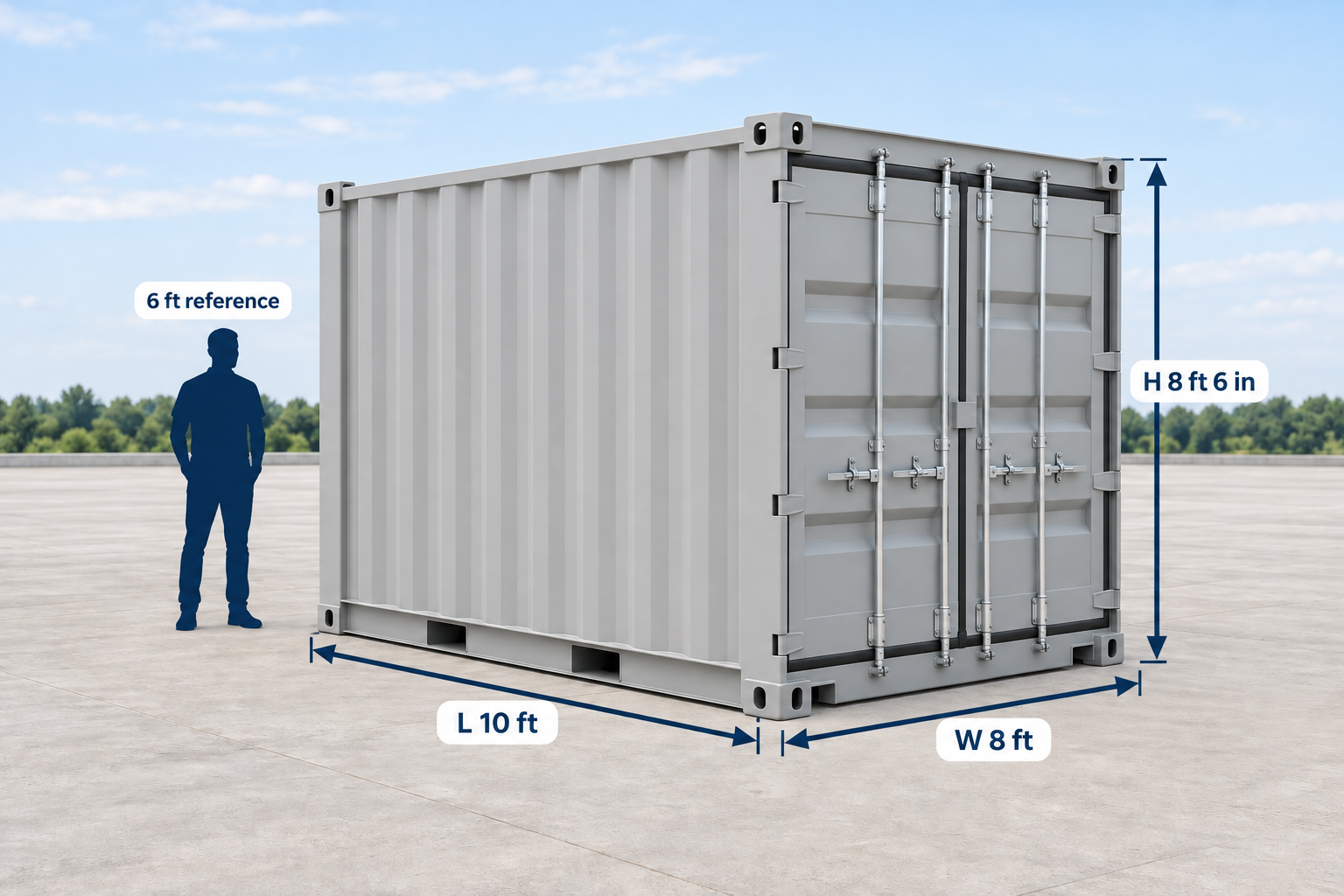 Realistic illustration of a 10ft standard shipping container exterior with dimension arrows and a 6ft human silhouette for scale.