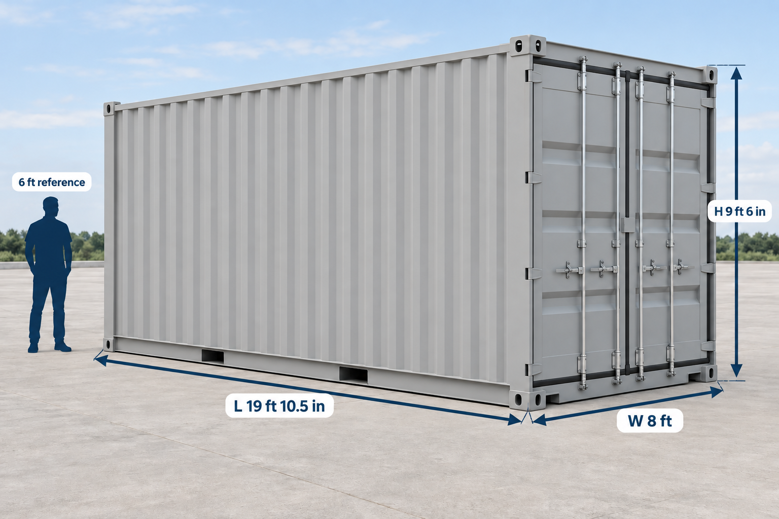 Realistic illustration of a 20ft High Cube shipping container exterior with dimension arrows and a 6ft human silhouette for scale.
