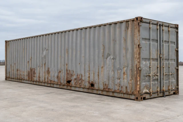 Illustration of a damaged standard-height 40ft container with corrosion, localized holes, dents and a worn door seal.