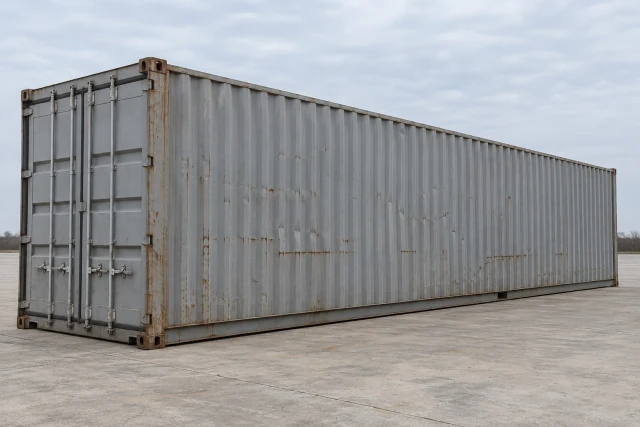 Illustration of a used standard-height 40ft container with handling scrapes, dented corrugations and intact-looking doors; appearance does not establish cargo approval.