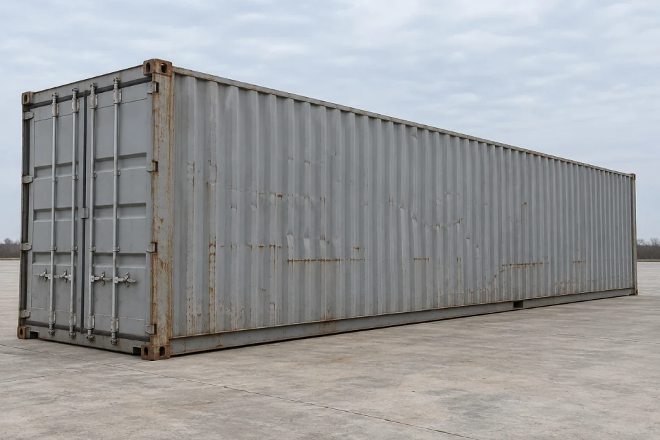 Illustration of a used standard-height 40ft container with handling scrapes, dented corrugations and intact-looking doors; appearance does not establish cargo approval.