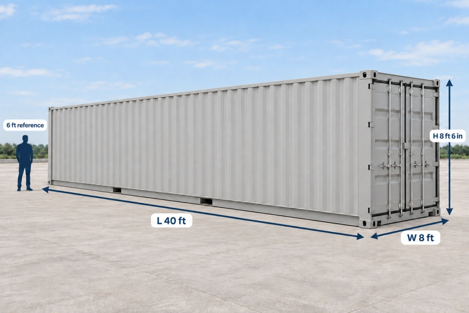 Realistic illustration of a 40ft standard shipping container exterior with dimension arrows and a 6ft human silhouette for scale.
