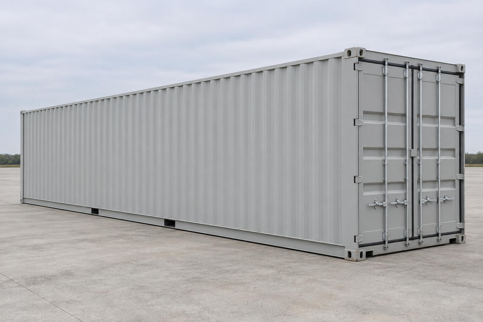 Illustration of a nearly new standard-height 40ft container with clean gray panels, closed cargo doors and minor handling marks.