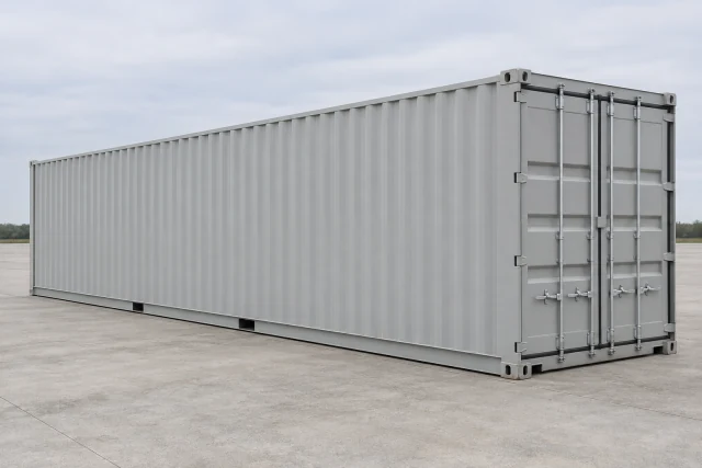 Illustration of a nearly new standard-height 40ft container with clean gray panels, closed cargo doors and minor handling marks.