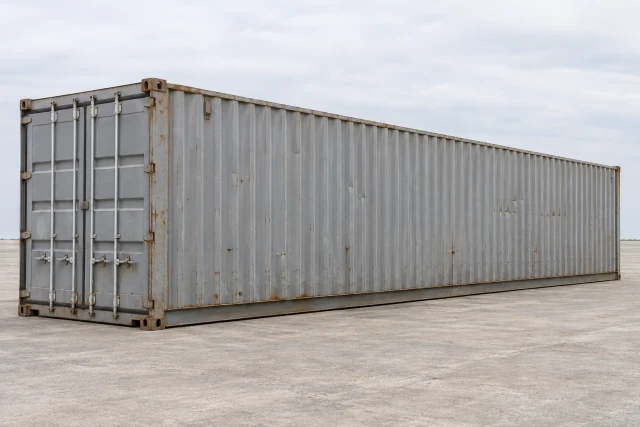 Illustration of a used standard-height 40ft container with faded gray paint, shallow dents and light surface rust; appearance does not establish sealing.