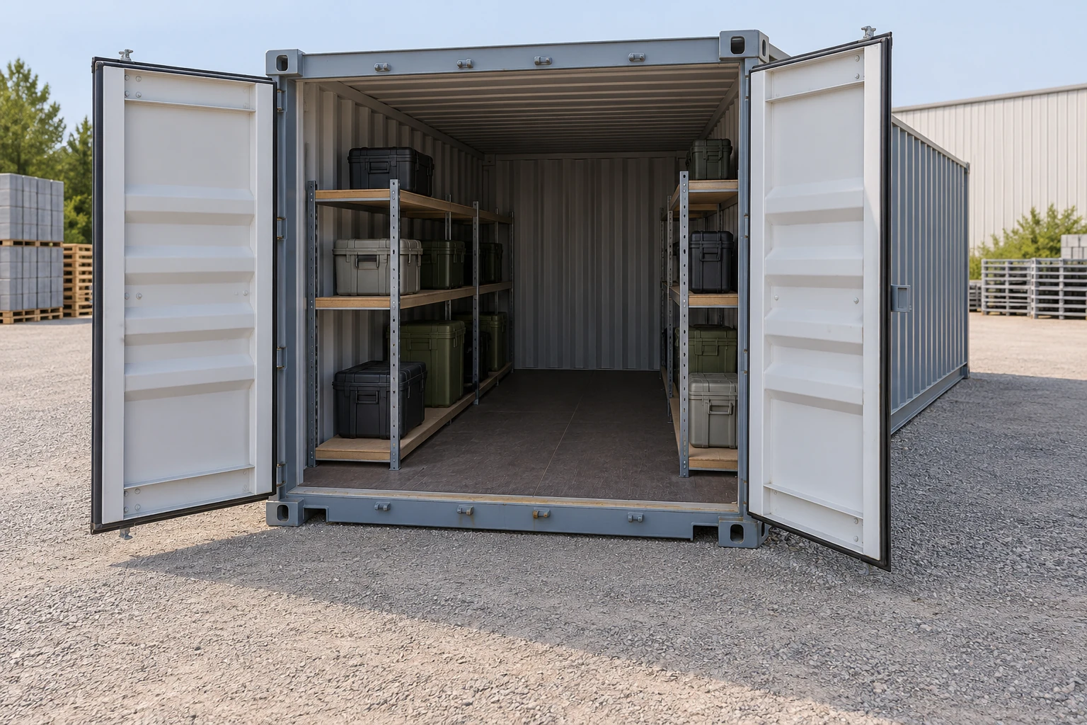 Illustration of a shipping container storage layout with shelving and a clear unloading area.