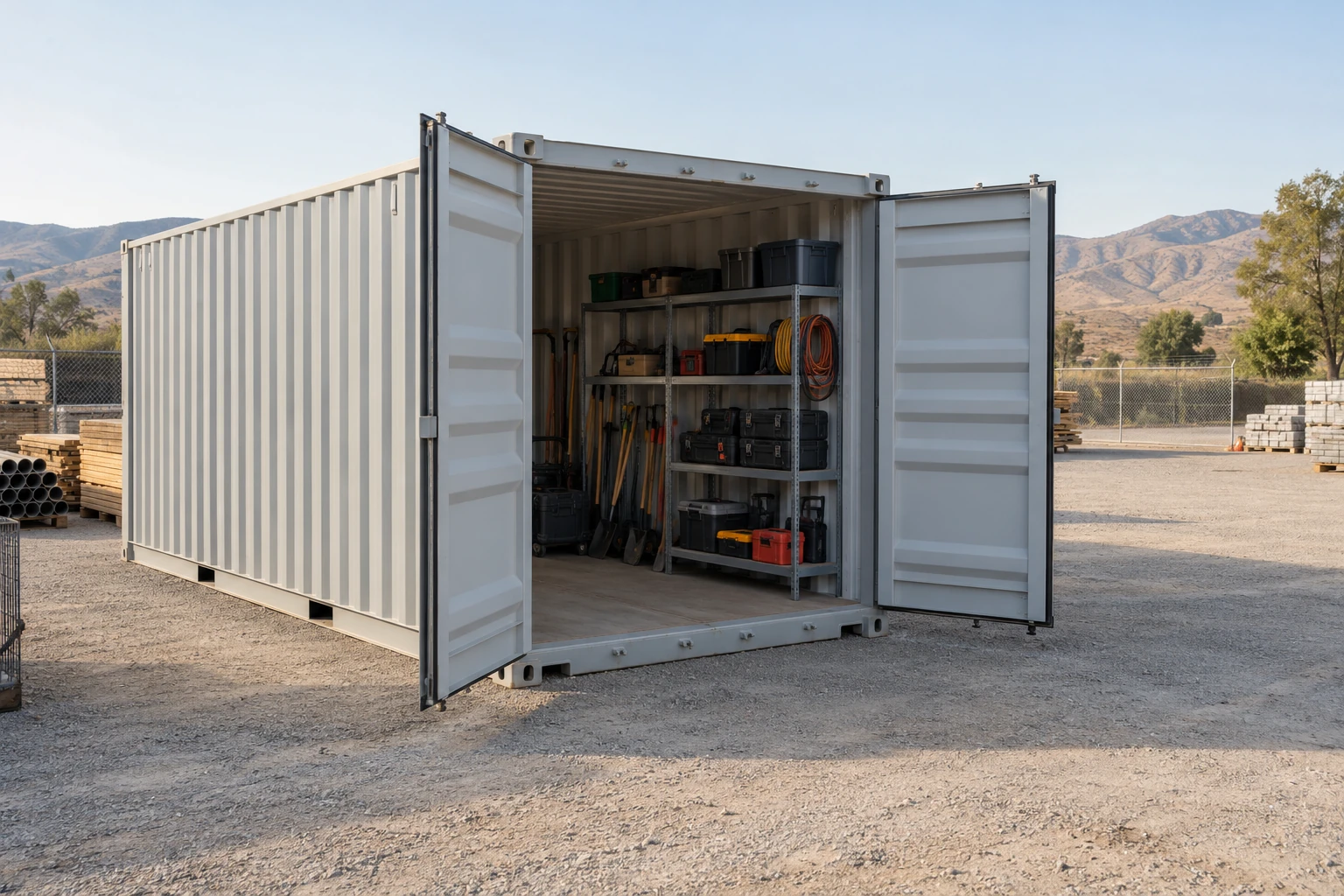 Illustration of organized tools inside a storage container beside a clear equipment-yard aisle.