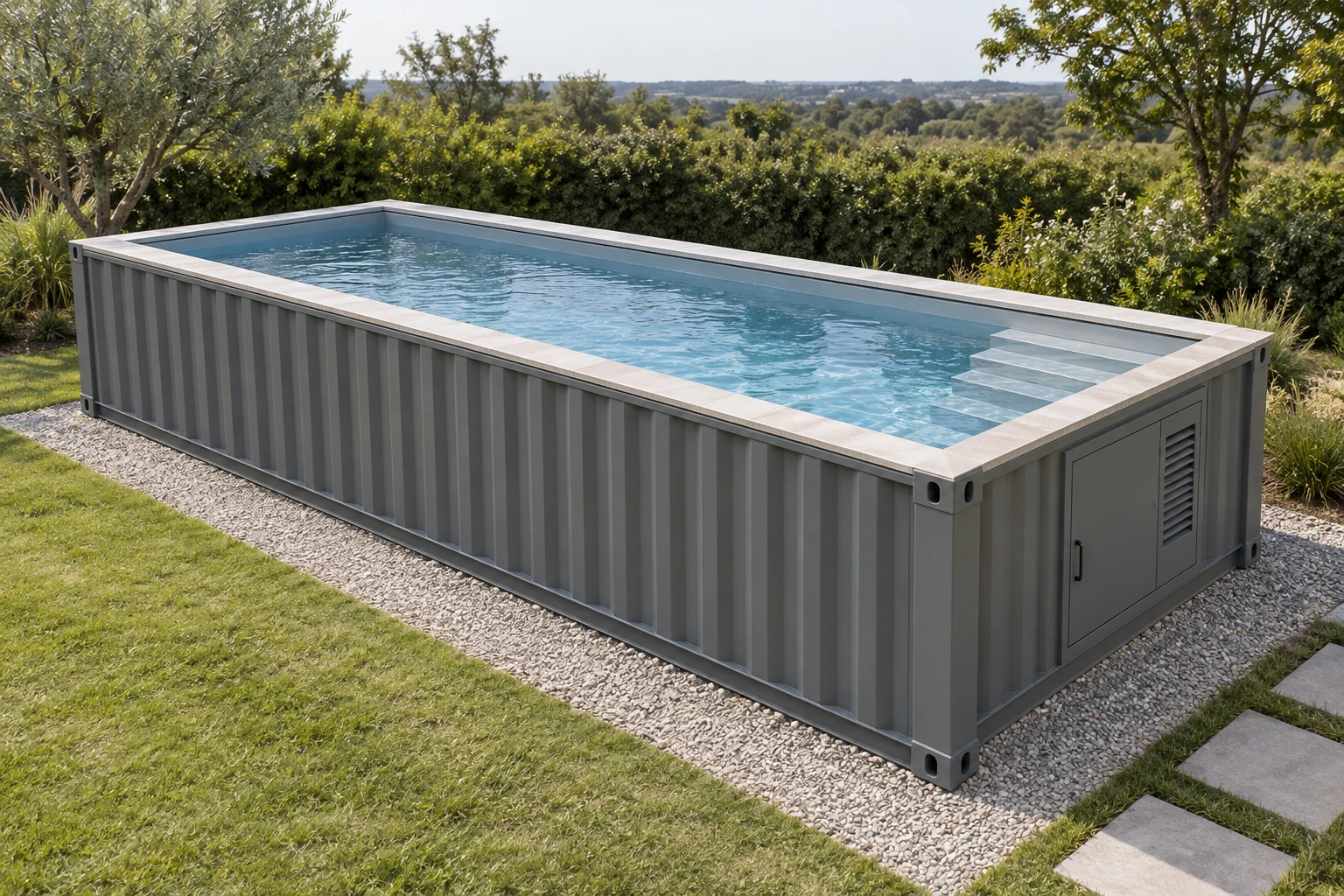 Illustrative container pool with entry steps and an accessible equipment compartment.