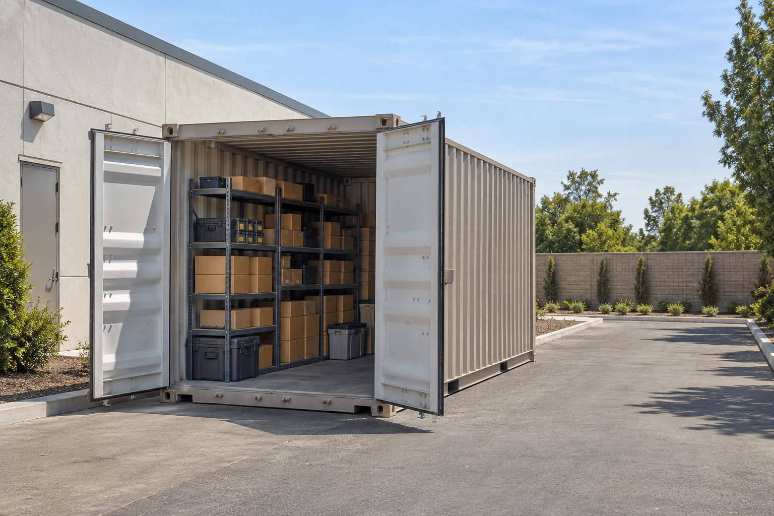 Illustration of spare-part boxes stored inside a container behind a maintenance building.