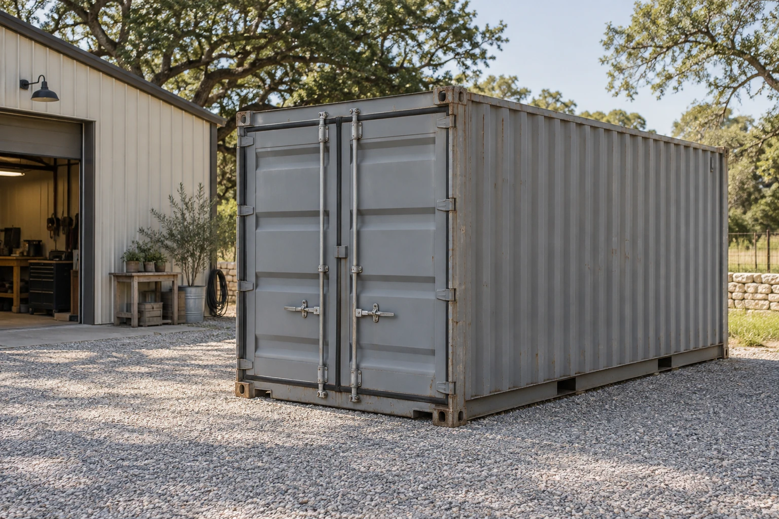 Illustration of a container beside an Austin workshop with an open approach to the private storage pad.