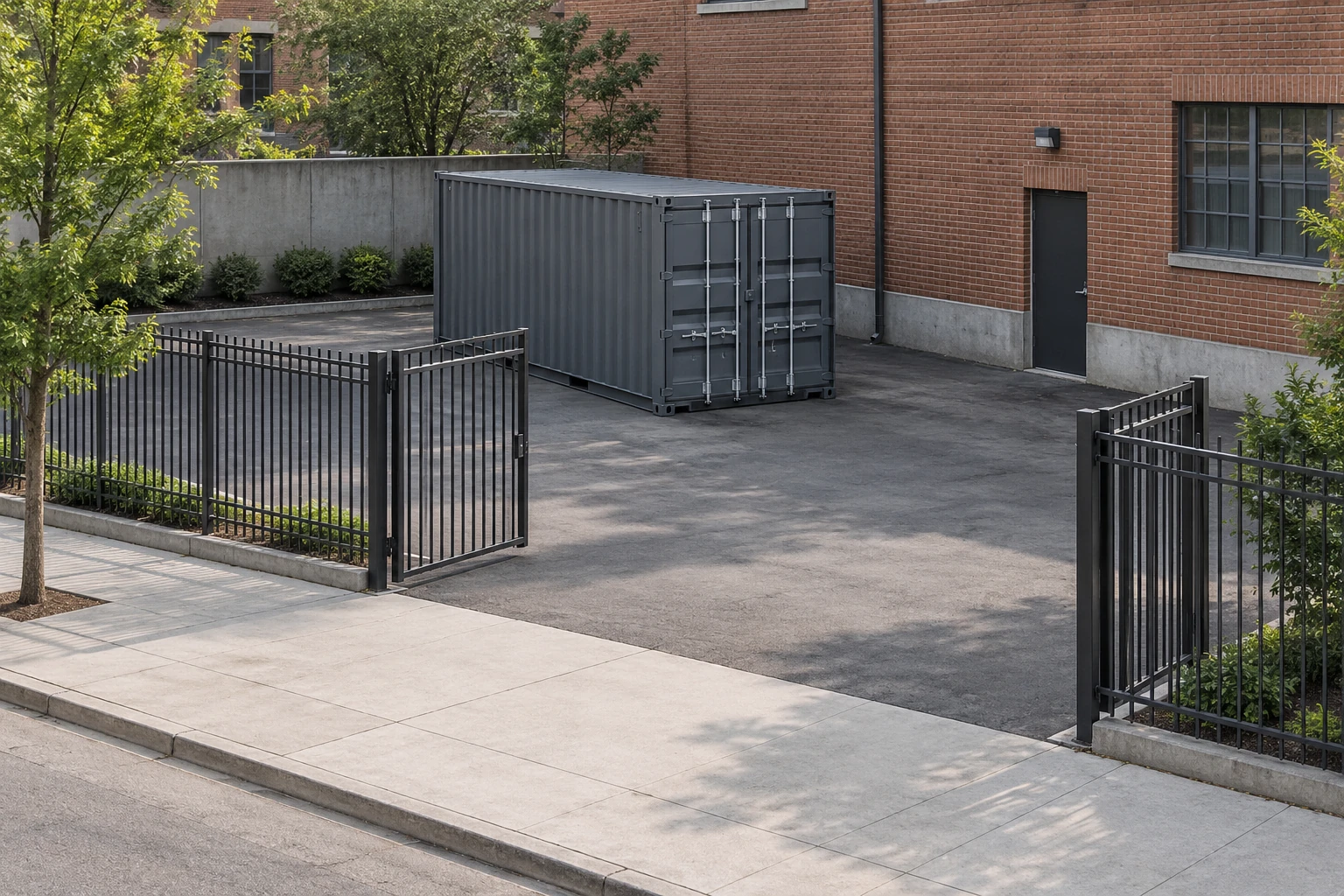 Illustration of a container inside an urban yard with a clear gate and public sidewalk.