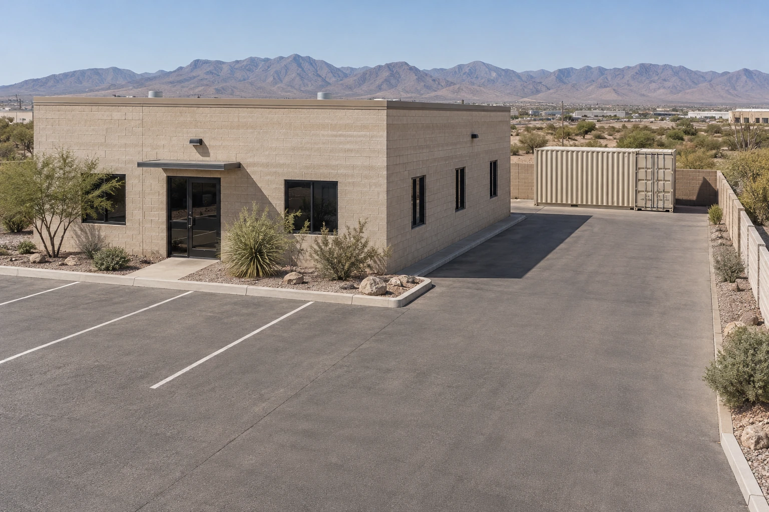 Illustration of a storage container behind a commercial workshop with an open driveway and separate parking.