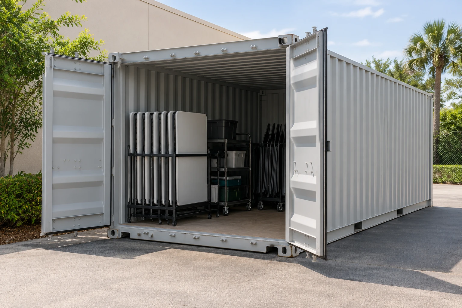 Illustration of folded tables and equipment carts inside a container with a clear retrieval aisle.