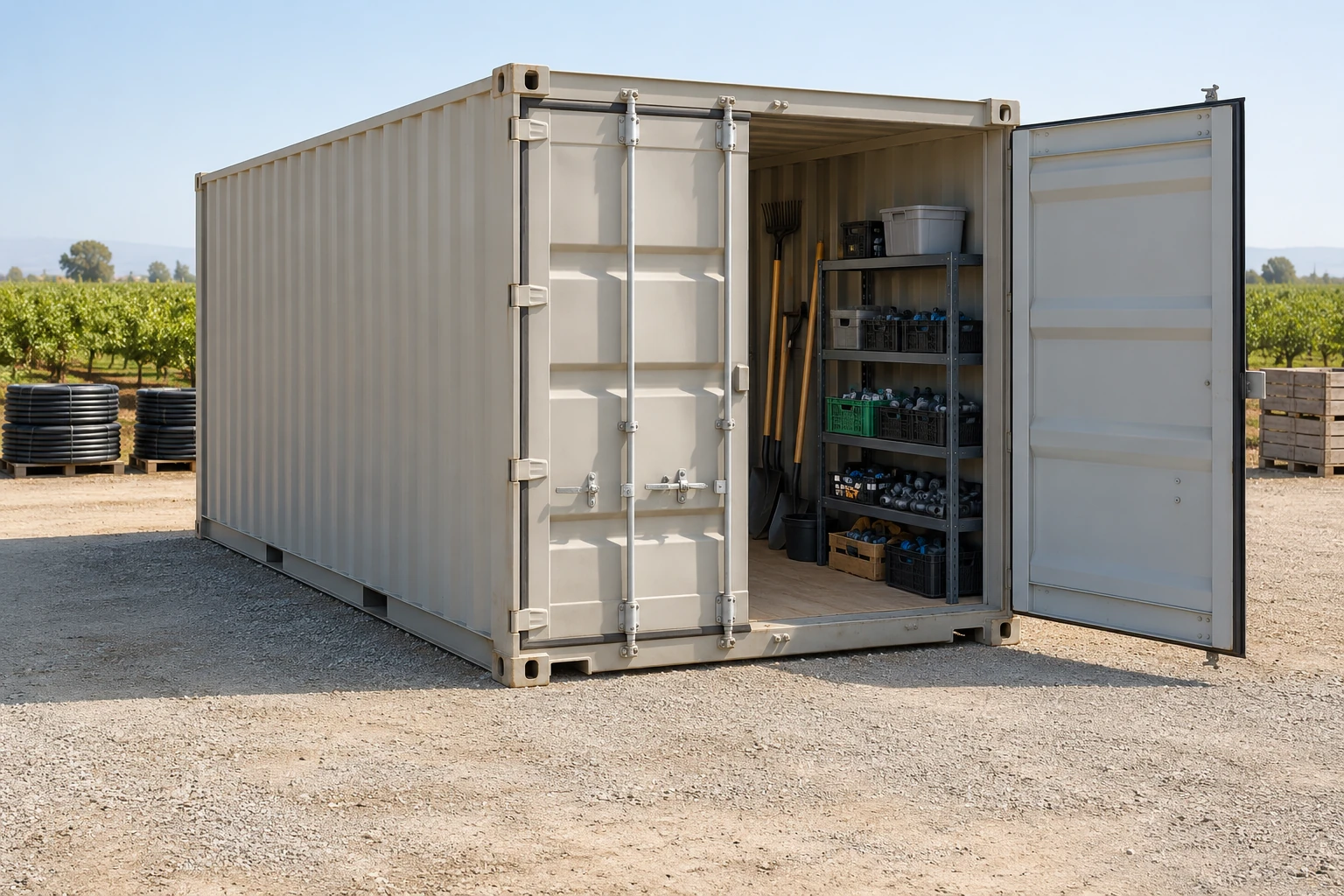 Illustration of a container holding farm tools and irrigation supplies beside a clear yard entrance.