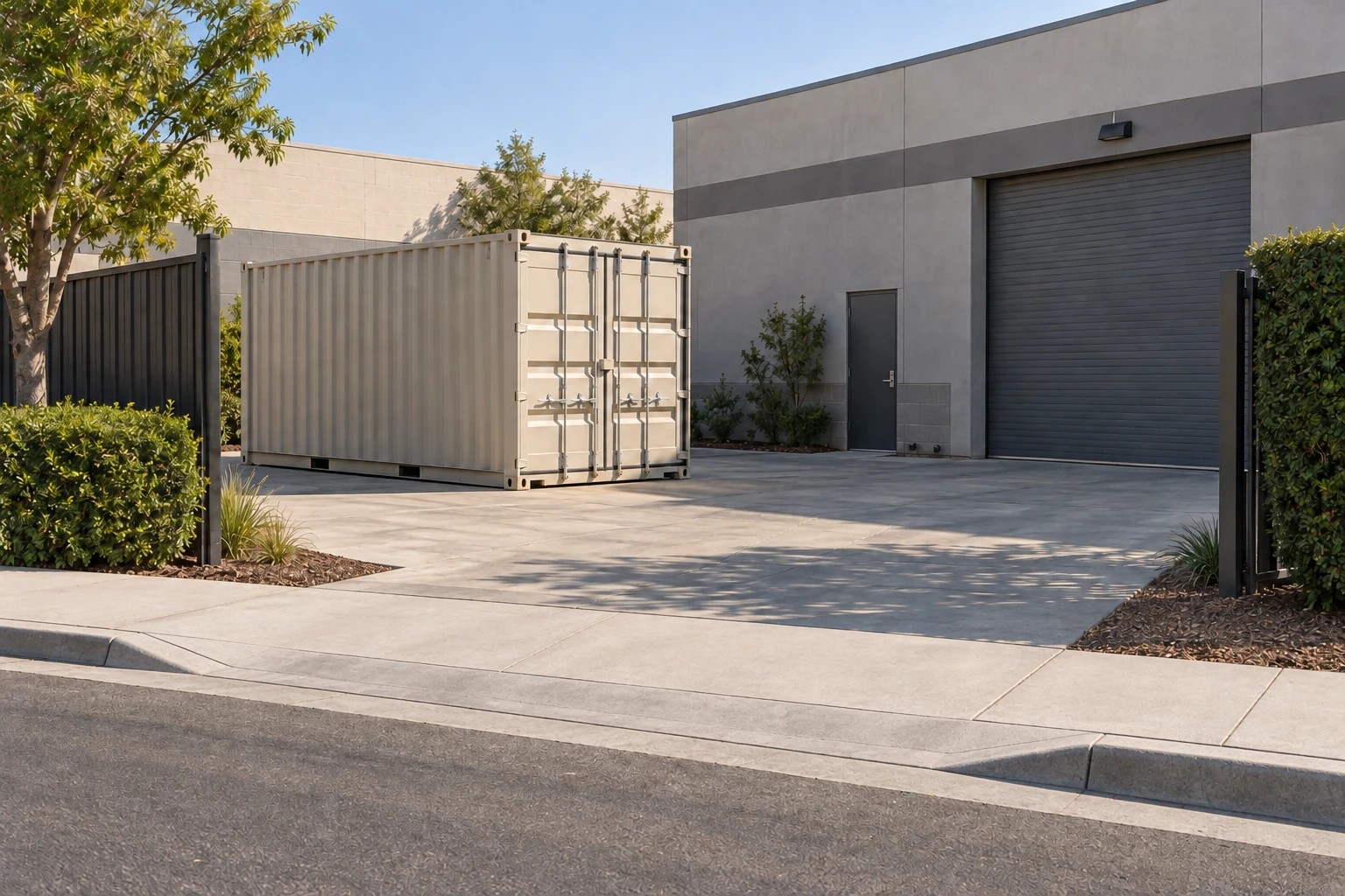 Illustrative storage container on a private pad with a clear approach beside a workshop.