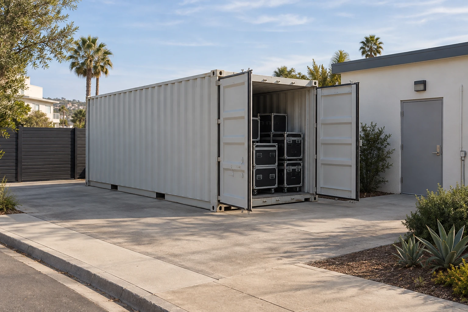 Illustration of dry equipment cases in a storage container beside a clear service-yard driveway.