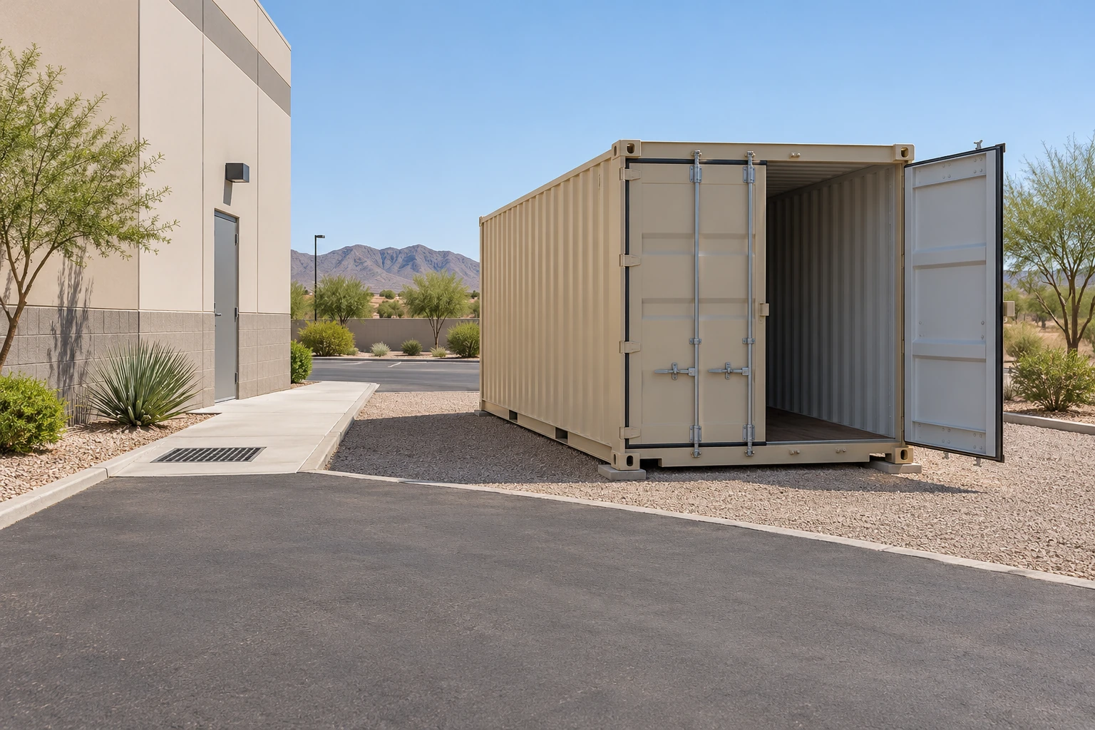 Illustration of a dry storage container beside a commercial building, with clear cargo-door access and a vehicle approach.