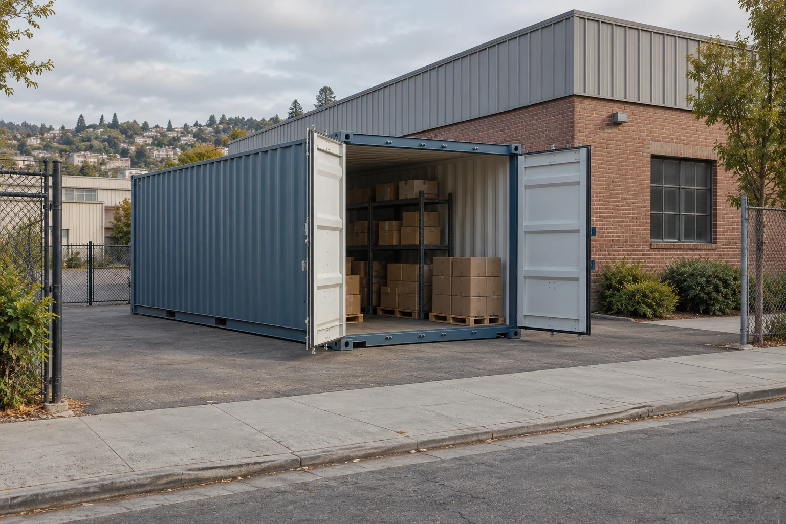 Illustration of dry boxed stock in a container behind a distribution building with a clear access aisle.