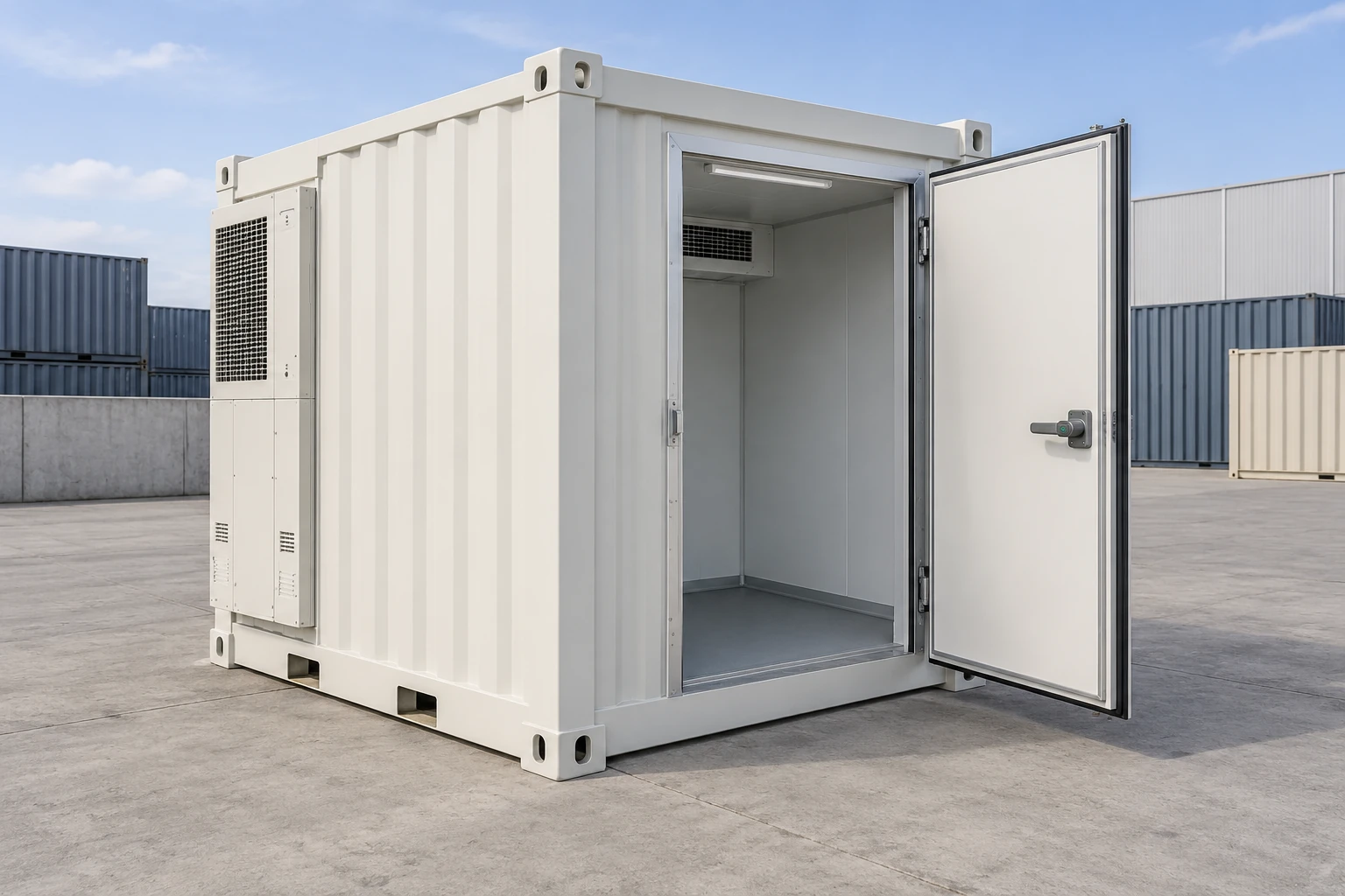 Compact 10ft refrigerated container with an open walk-in door and a clear entry area.