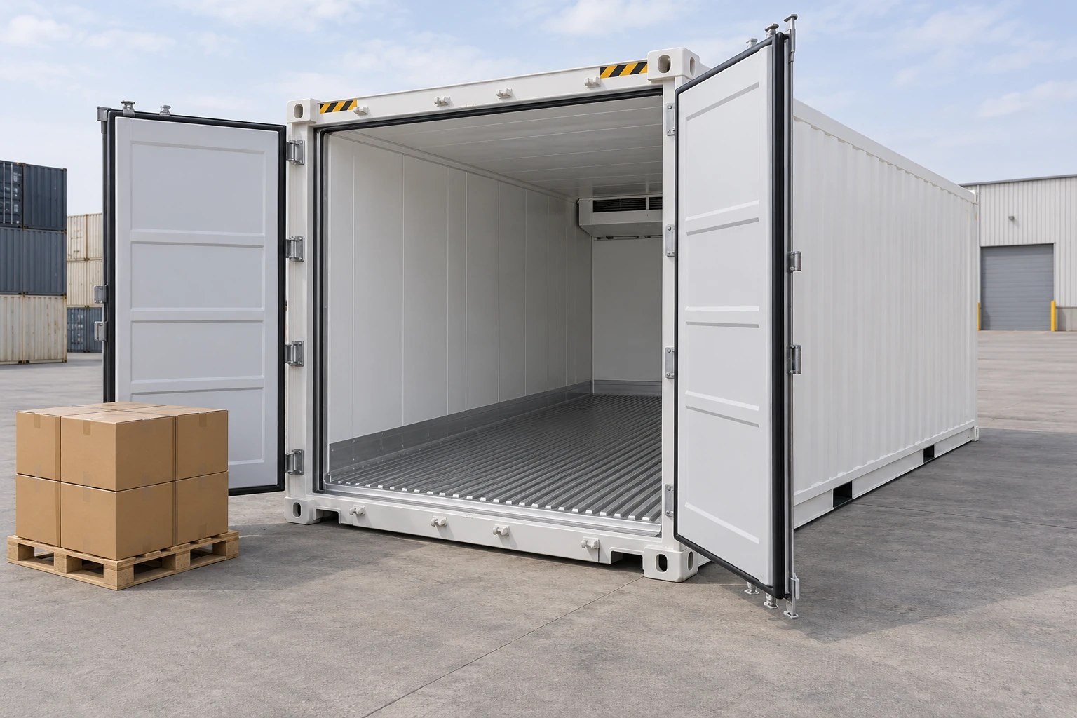 A 20 ft refrigerated container with open cargo doors, an empty T-floor interior and a pallet of plain cartons outside.