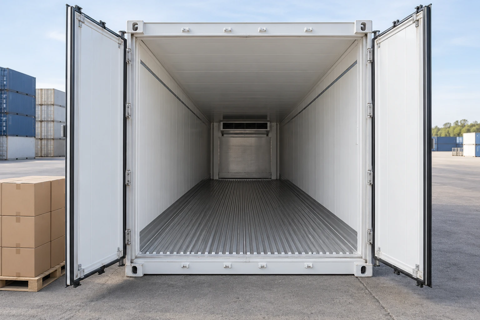 Open 40ft high-cube refrigerated container showing a long insulated interior, T-bar floor and ceiling space for airflow.