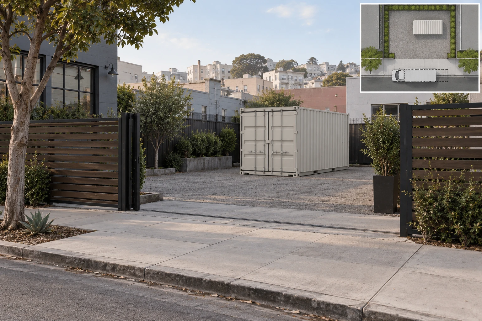 Illustrative storage container on private property beside a clear sidewalk and curb.