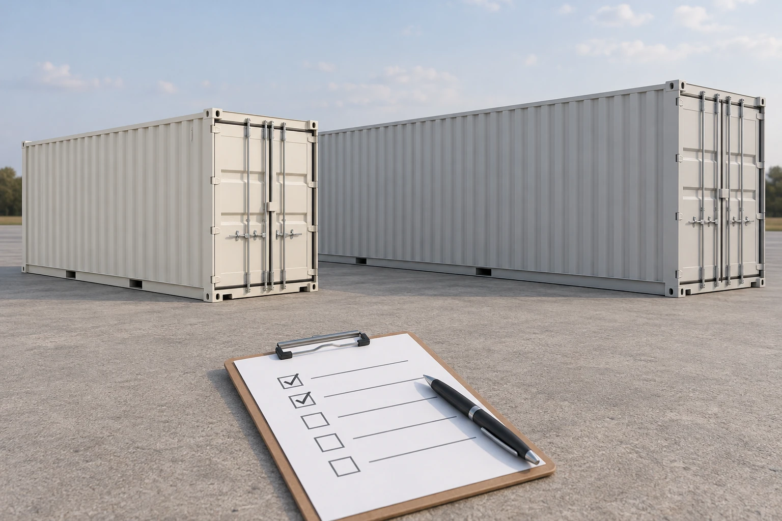Illustration of two shipping container sizes beside a checklist for comparing a delivered quote.