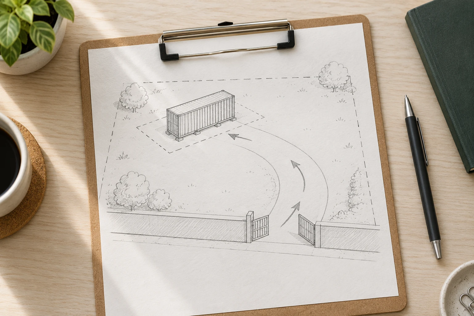 Illustration of a container placement sketch and access notes for describing a delivery project.