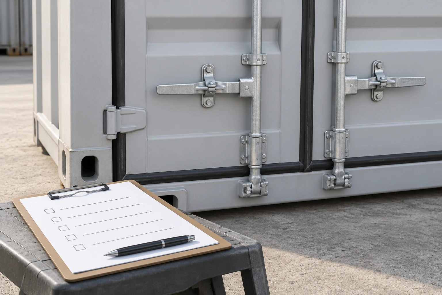 Illustration of container door hardware beside an inspection checklist.