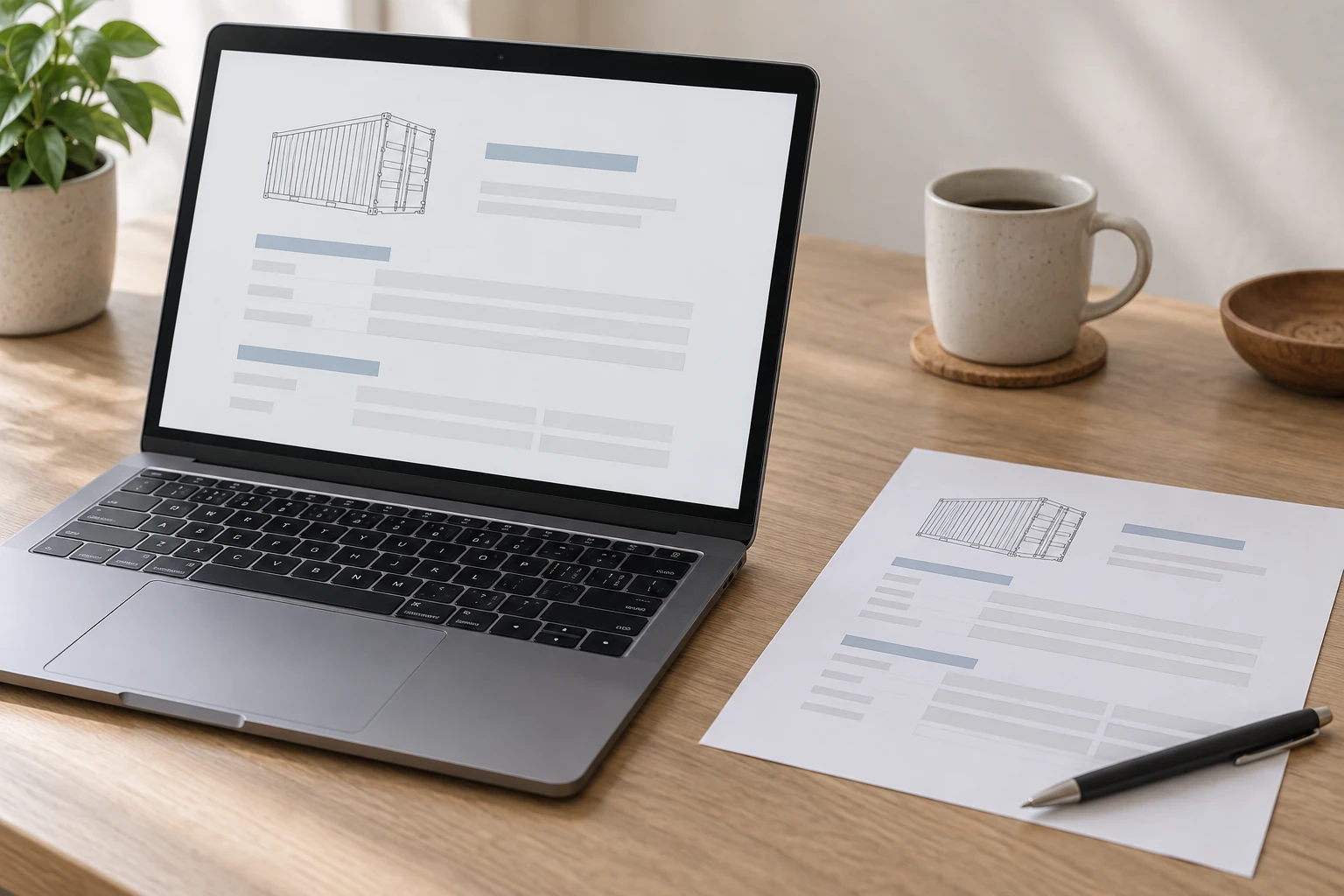 A container request draft being reviewed on a laptop beside a printed copy.