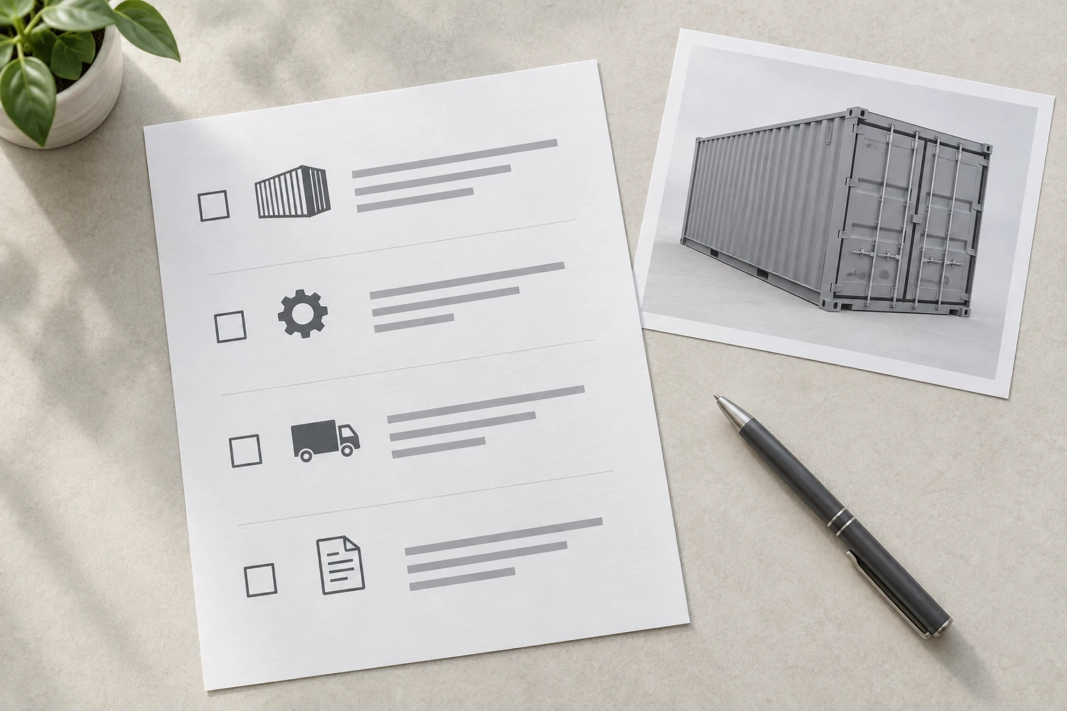 Illustration of an offer-review checklist beside a generic shipping container photograph.
