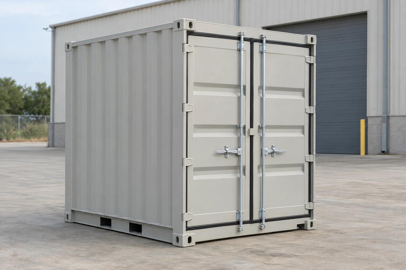 Illustrative compact 10ft storage container with closed double doors.