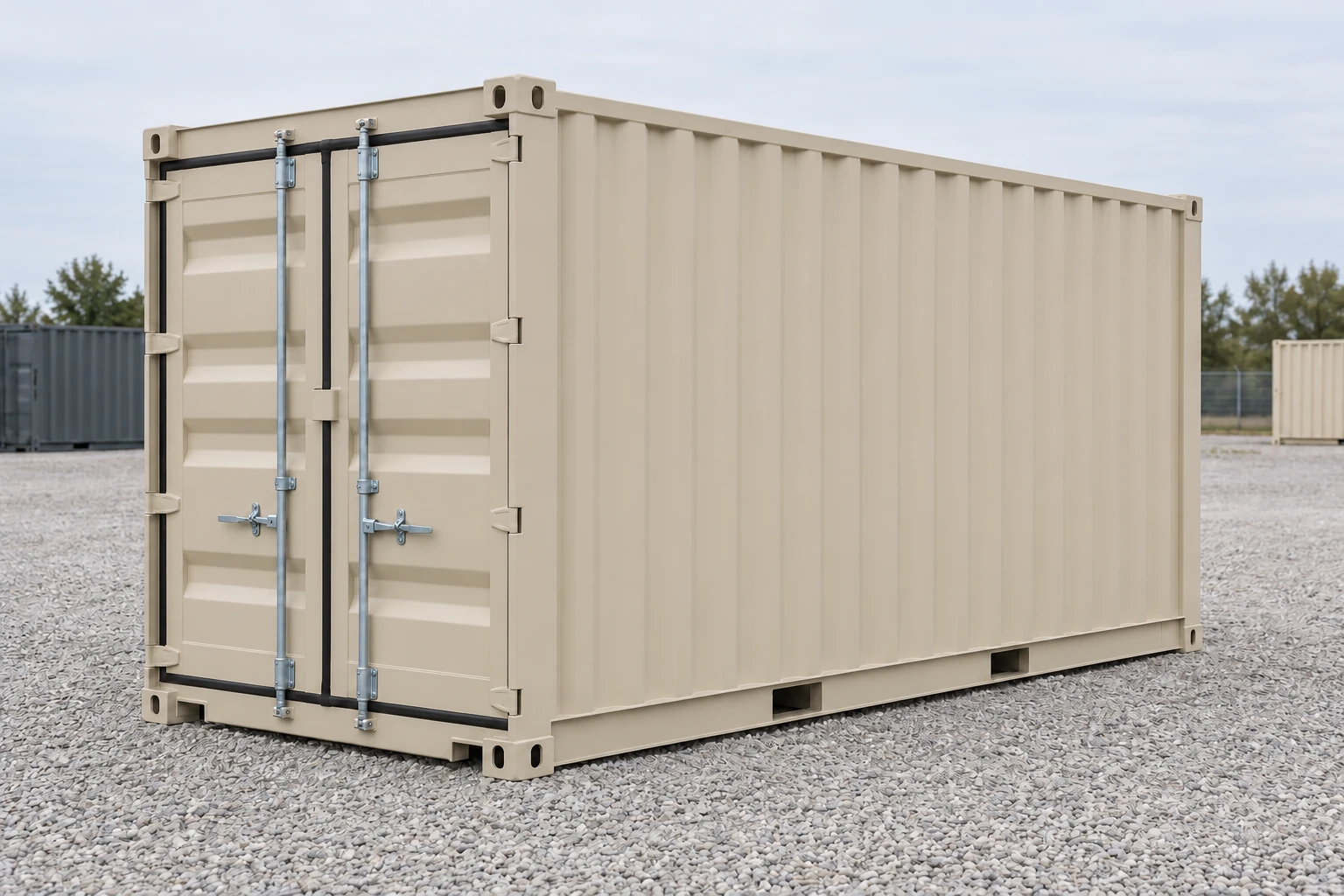 Illustration of a plain beige 12ft storage container with end cargo doors and uninterrupted corrugated side walls, without a window or personnel door.