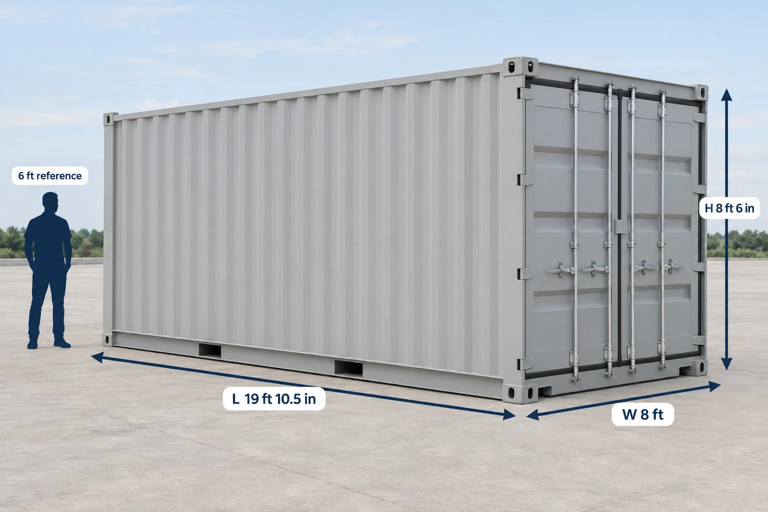 Illustrated standard 20ft container with exterior length, width and height labels beside a six-foot human reference.