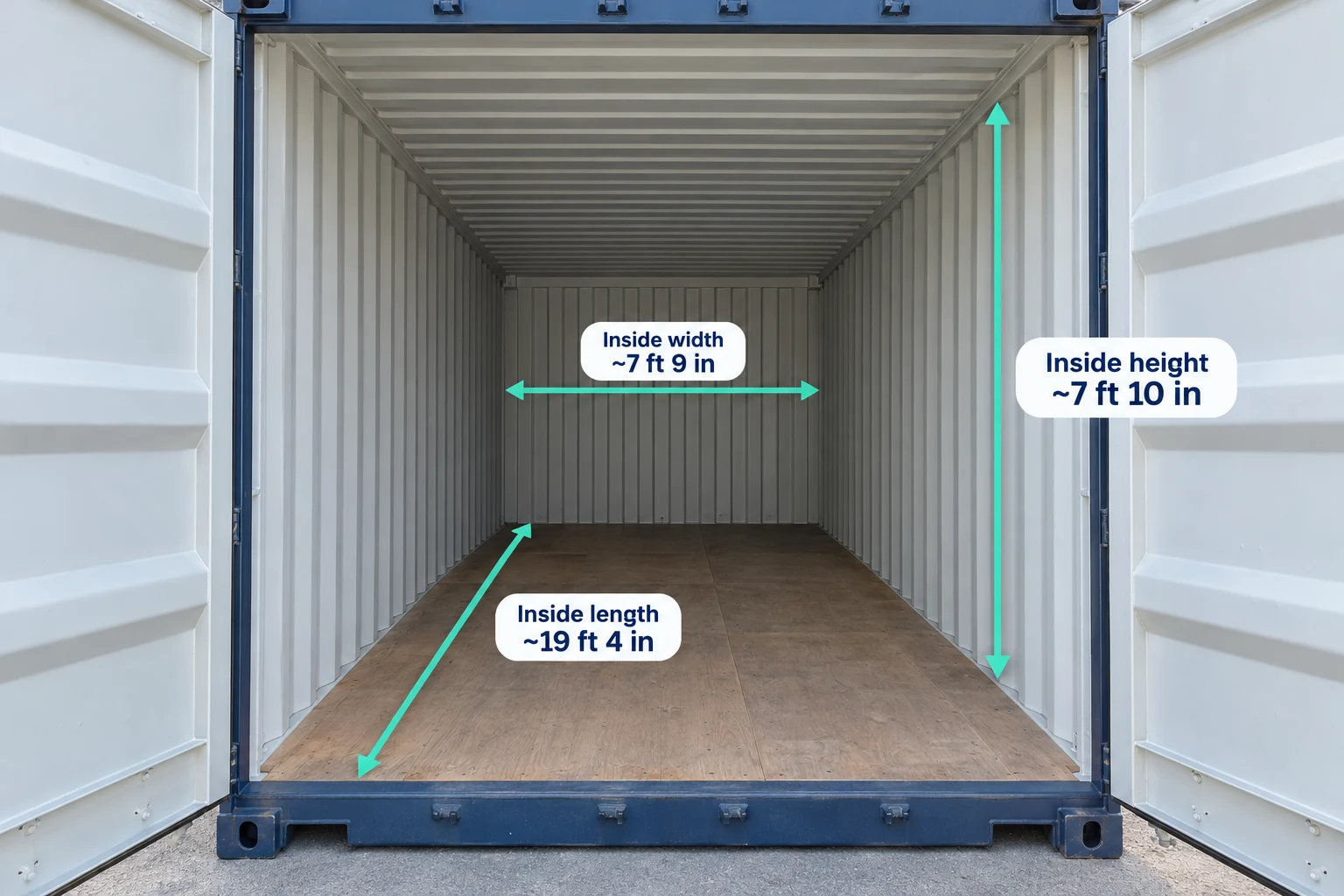 View inside an empty 20ft container showing approximate interior length, width and height.