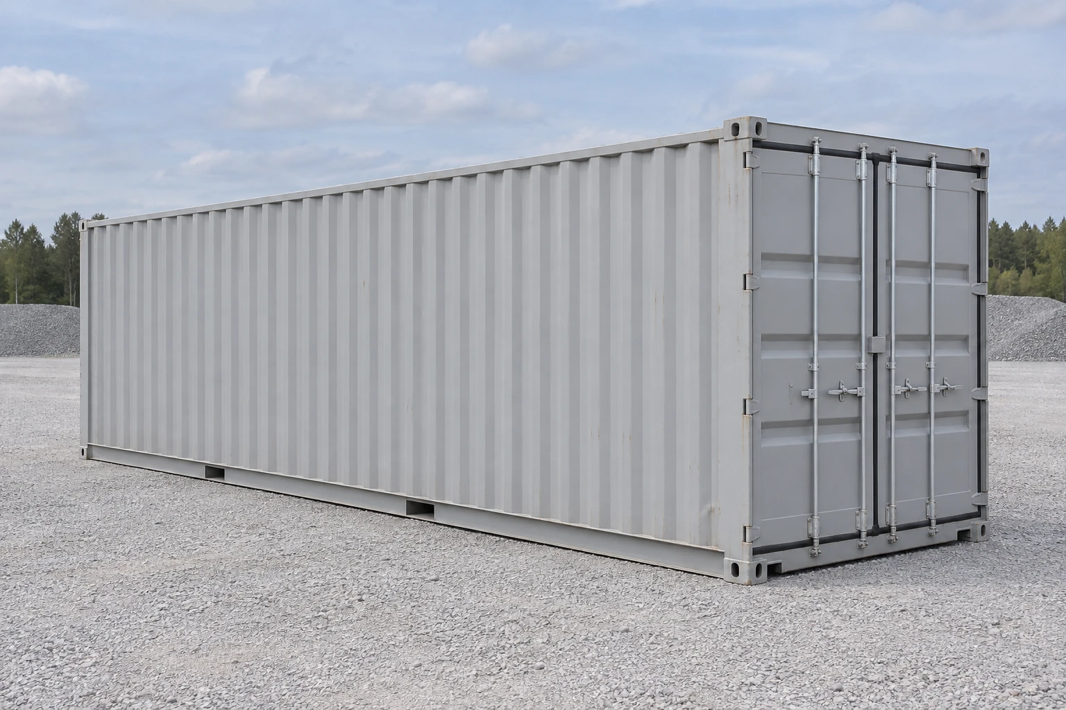 Illustration of a 30ft steel storage container with cargo doors at one short end.