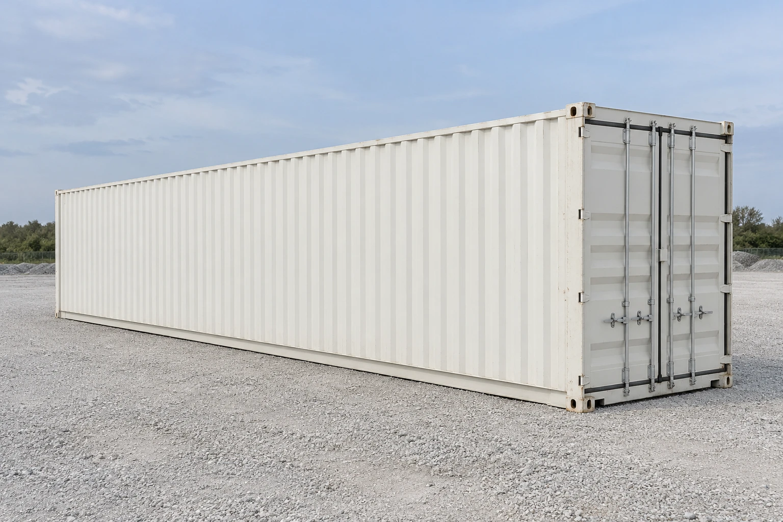Illustration of a long 45ft High Cube dry container with closed cargo doors at one end.