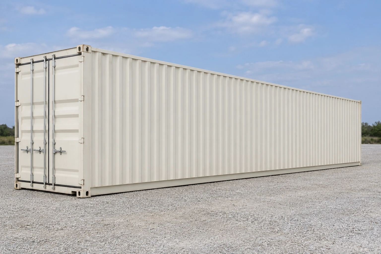 Illustration of a long light-colored domestic dry container with corrugated sides and closed cargo doors at one end.