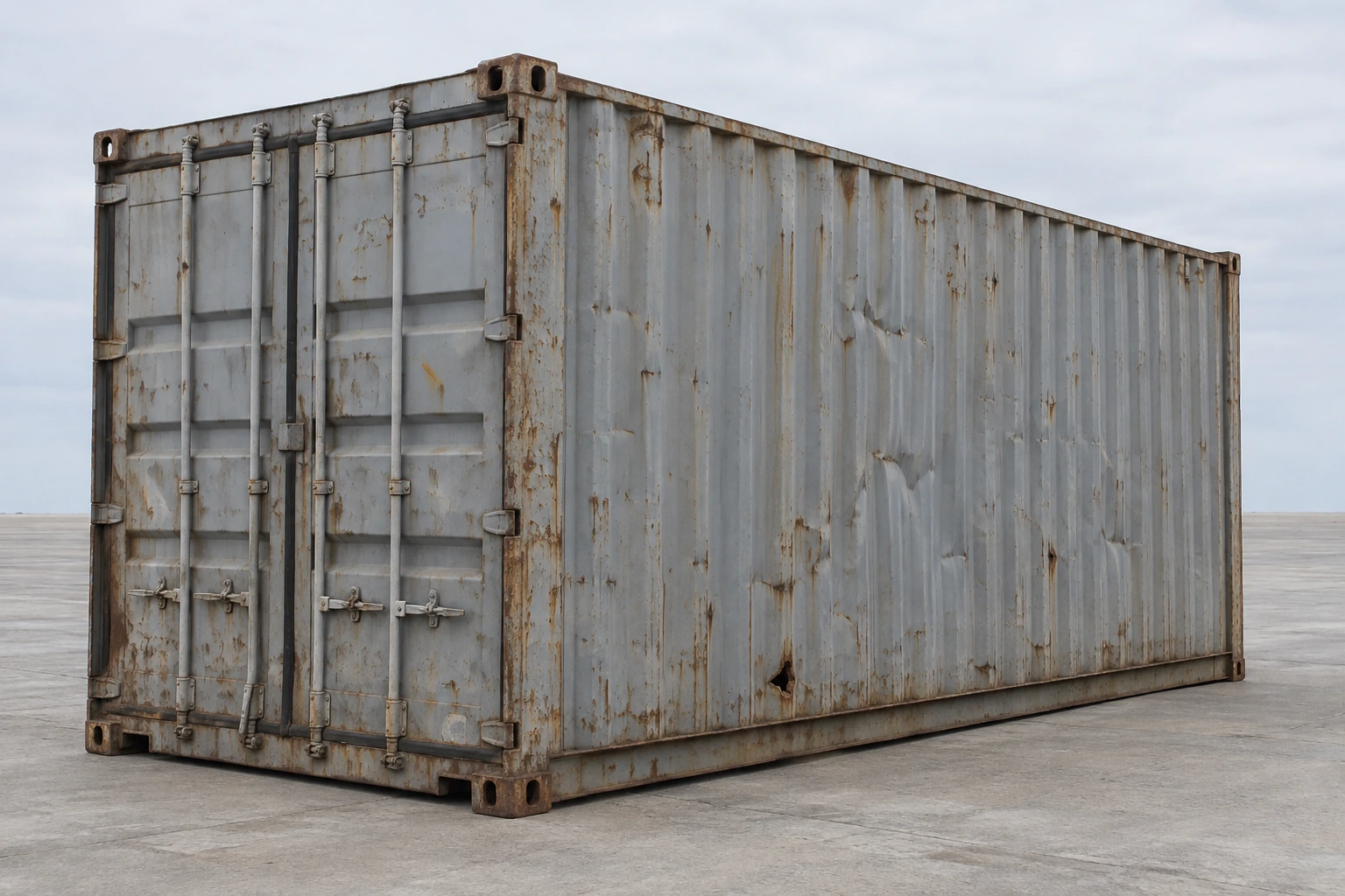 Photorealistic illustration of a gray damaged 20ft container with worn paint, rust perforations, side-panel dents and weathered cargo doors.