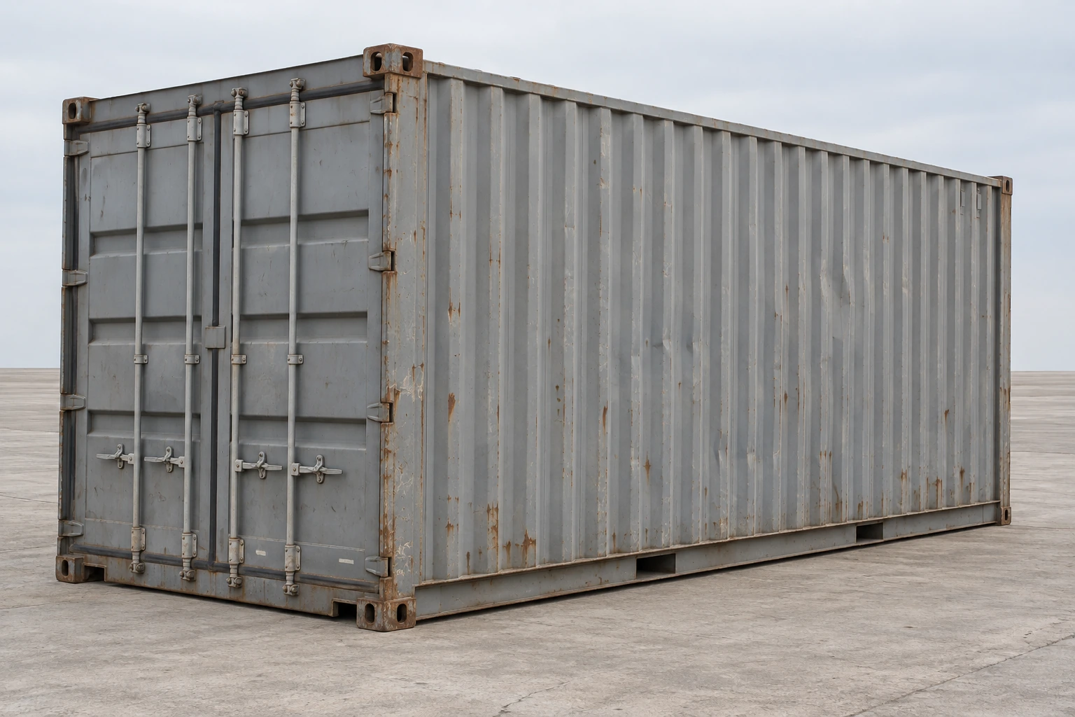 Photorealistic illustration of a gray used 20ft container with straight side panels, aligned cargo doors, complete locking hardware and surface wear.