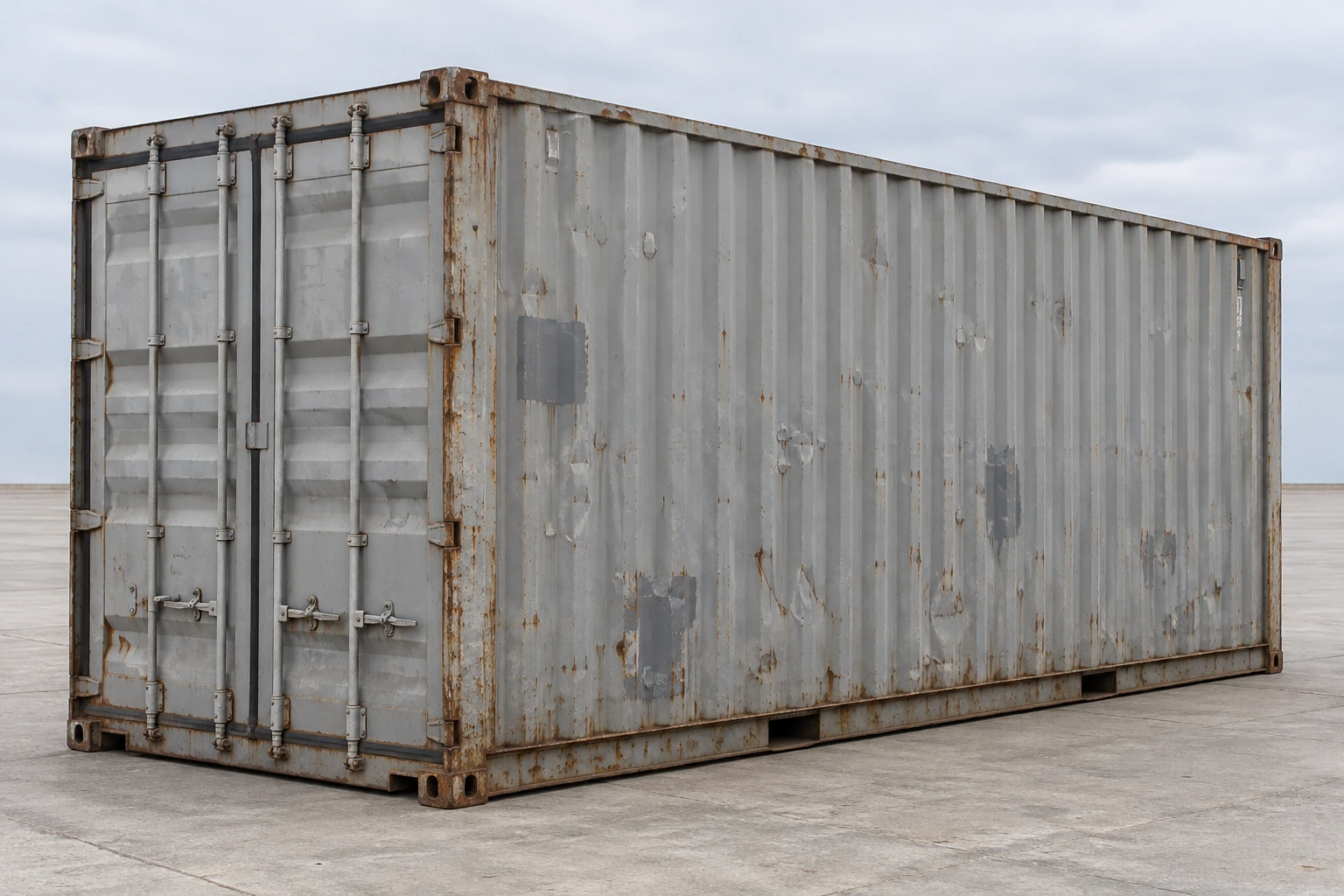 Photorealistic illustration of a gray used 20ft container with faded paint, shallow dents, repair patches and surface corrosion.