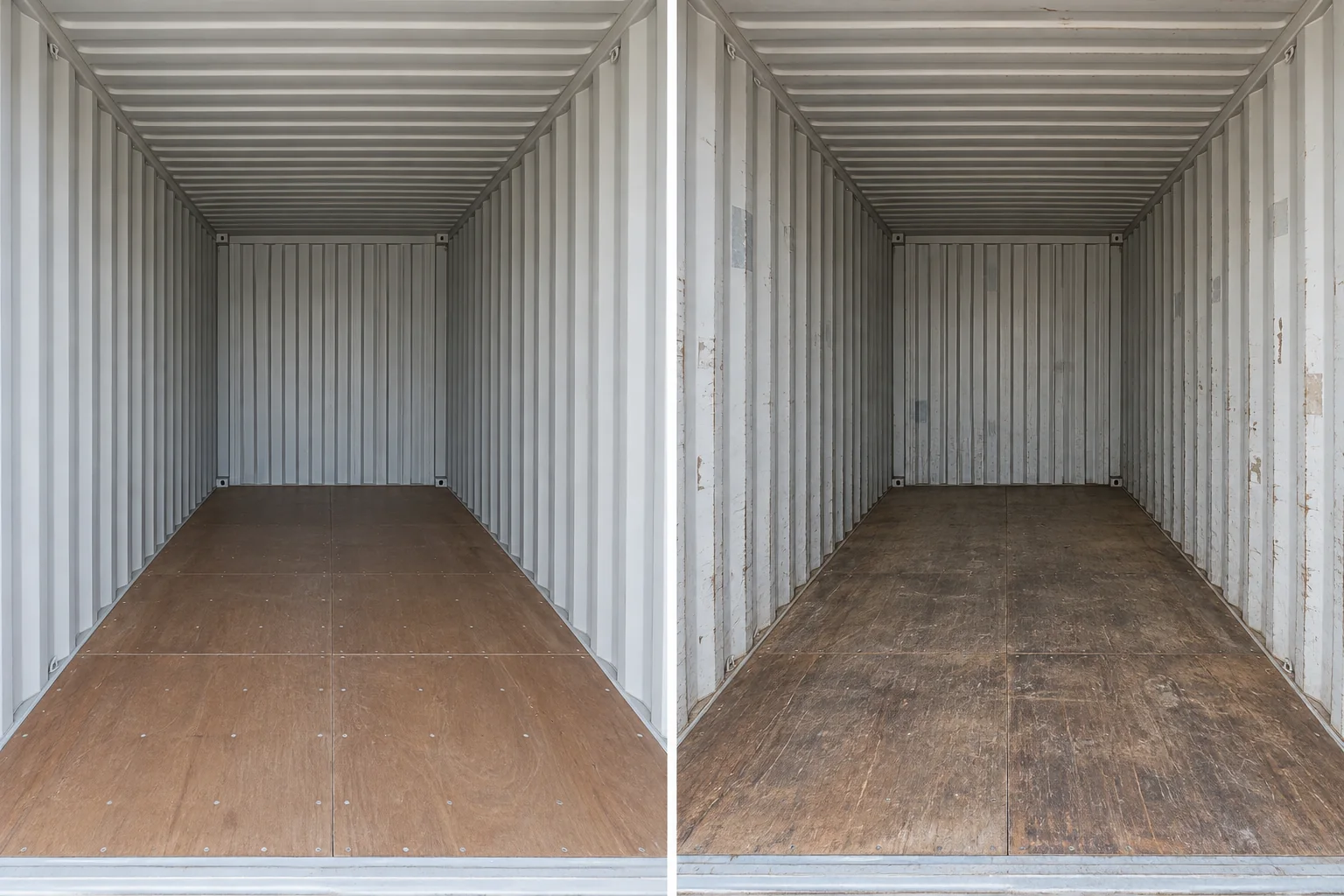 Illustrative 20ft interiors compared side by side: new or one-trip on the left and used on the right.