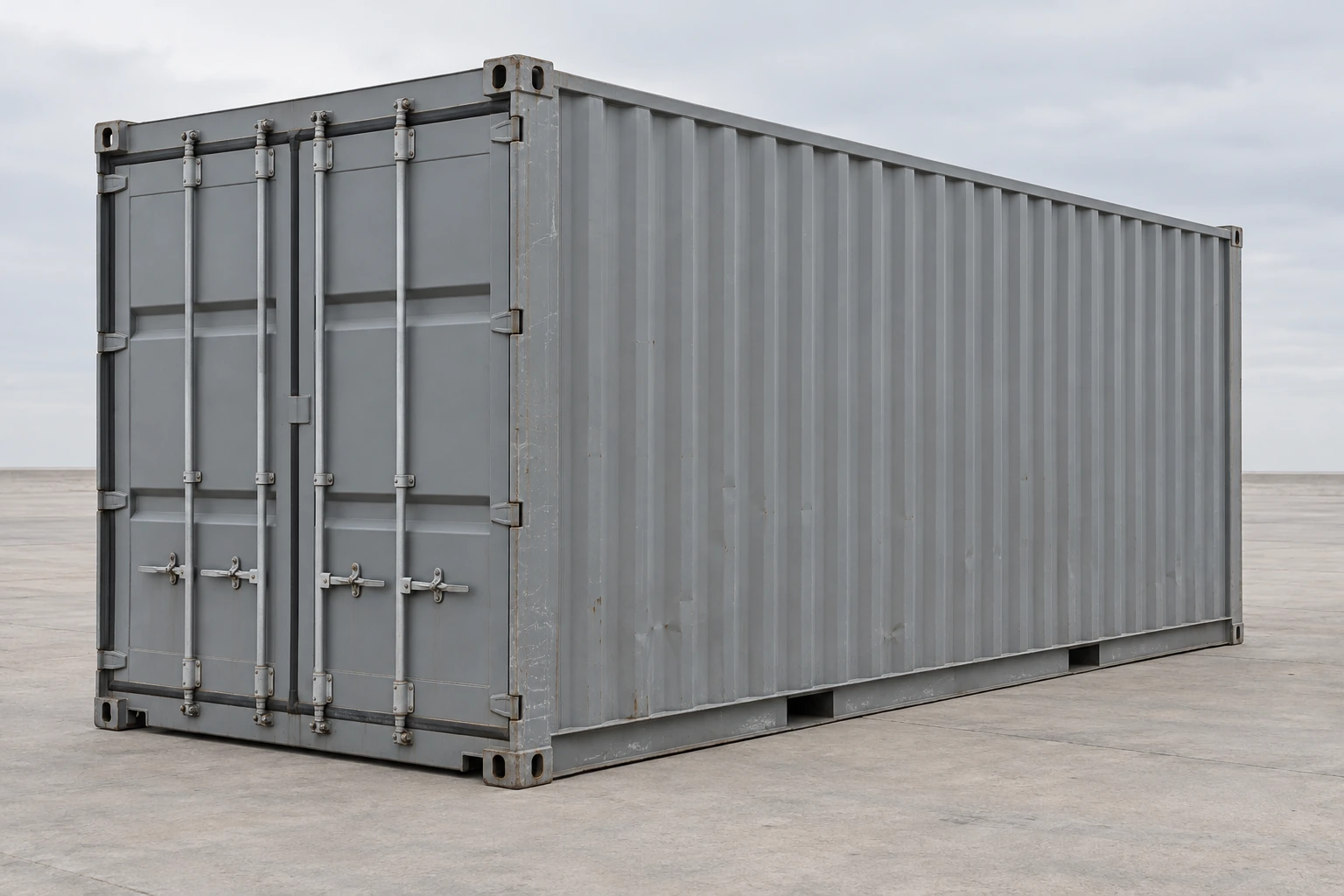 Photorealistic illustration of a gray 20ft container with mostly intact paint, light handling scratches and small shallow dents.