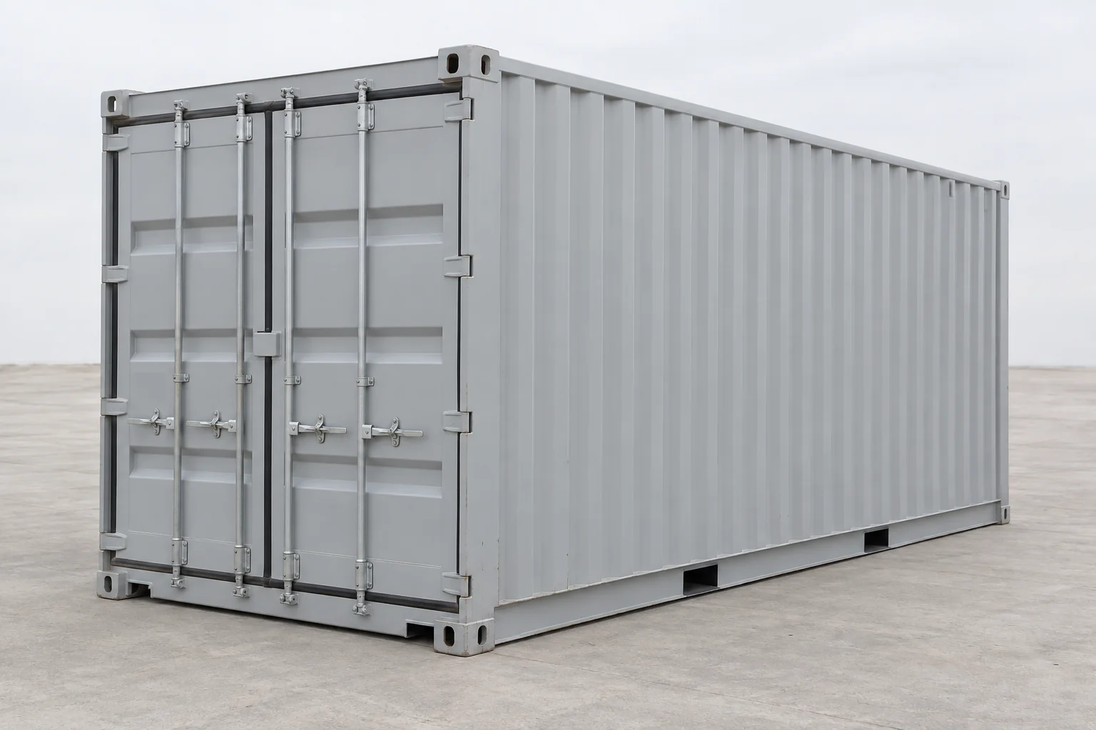 Illustration of a standard 20ft one-trip shipping container with closed end cargo doors and lightly marked painted steel sides.