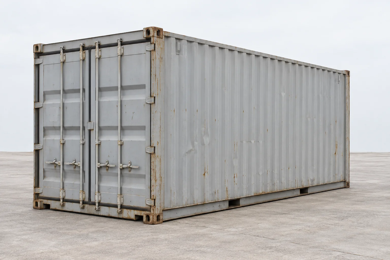Illustration of a used standard 20ft shipping container with closed end cargo doors, worn paint and small exterior dents.