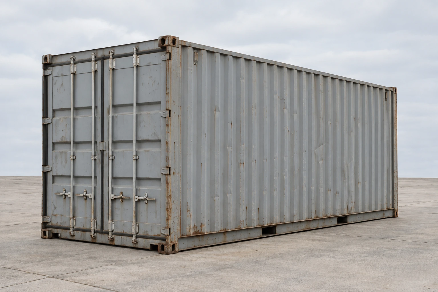 Photorealistic illustration of a gray used 20ft container with closed cargo doors, intact side panels, worn paint and localized surface rust.