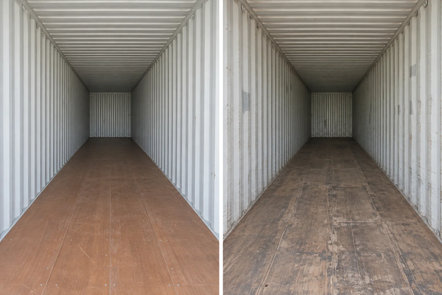 Illustrative 40ft interiors compared side by side: new or one-trip on the left and used on the right.